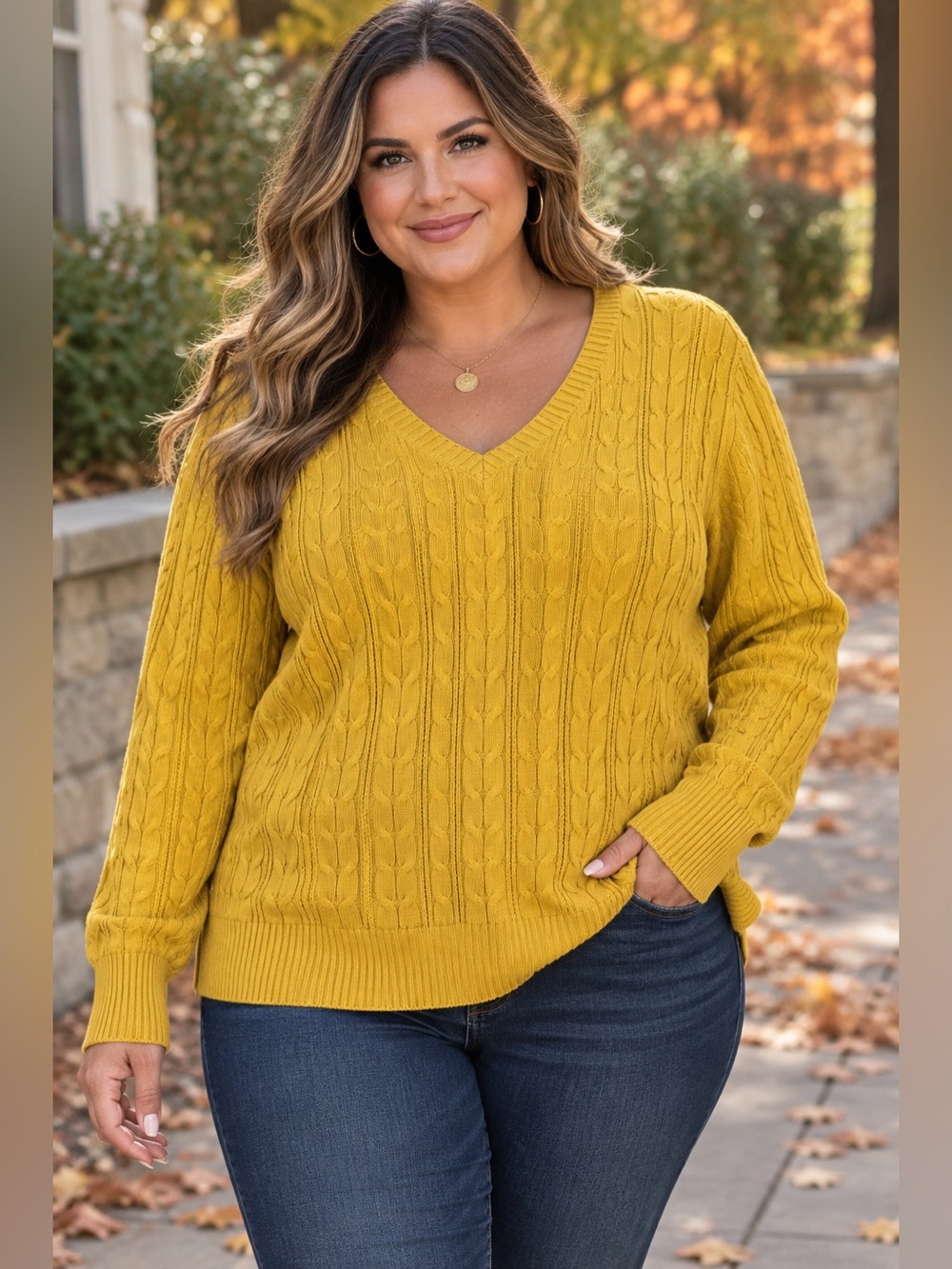 St. Johns Bay Sweater V-Neck Cable Knit Pullover Mustard Yellow